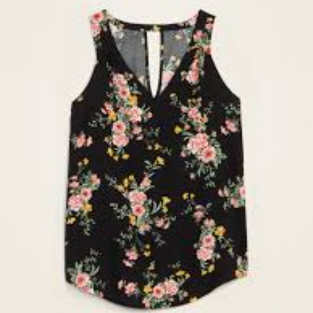 Old Navy Sleeveless Floral V-Neck Keyhole Black Blouse Women's Size Small